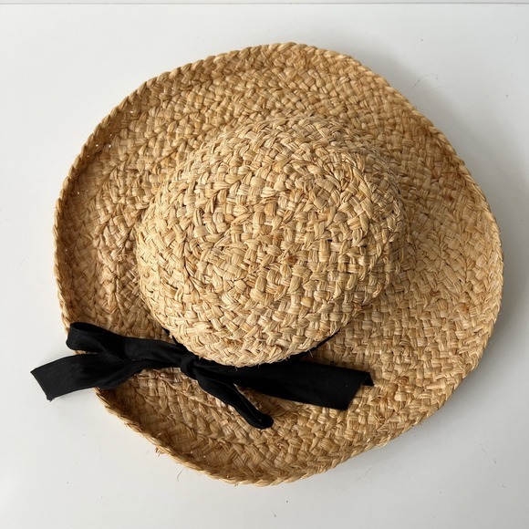 Straw 100% Rafia Straw Summer Woven Hat Black Bow Accent - Picture 5 of 8